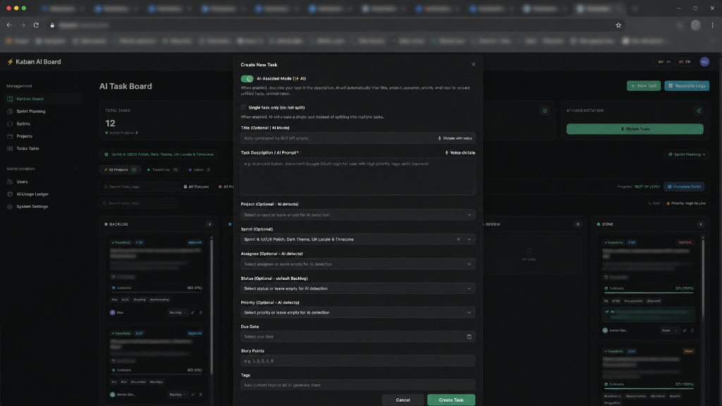 Create Task Modal with AI-Assisted Mode